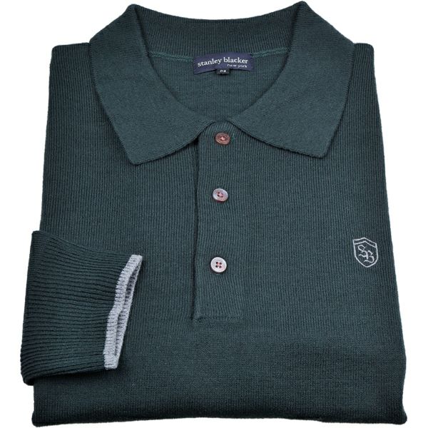 【stanleyblackernewyork】胸刺繍ニット長袖ポロシャツ/グリーン