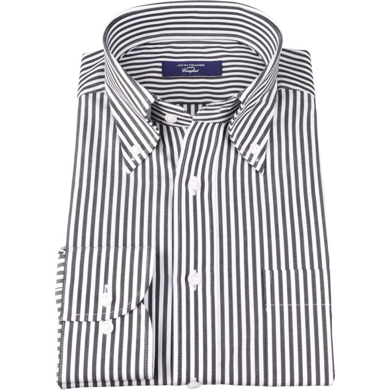 【JOHN PEARSE COMFORT NAVY】ボタンダウンドレスワイシャツ/ブラック＆ホワイト×ストライプ