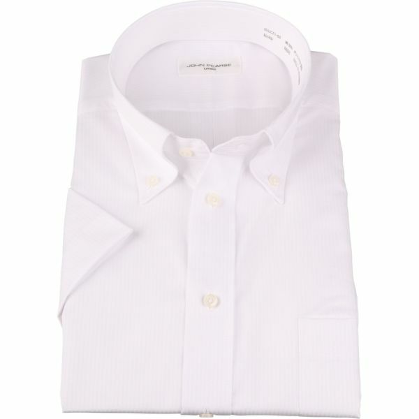 【半袖】【JOHN PEARSE WHITE】【形態安定】ボタンダウンドレスシャツ/ホワイト×ドビーストライプ/吸水速乾